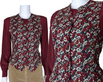 Vintage Floral Vest, Medium / 1990s Women's Vest / Wool Button Vest / Red Floral Steampunk Vest / Vintage Fitted Waistcoat