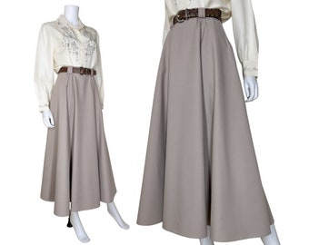 Vintage Flared Beige Maxi Skirt, Extra Small to Small / High Waisted Farmer's Skirt / Long Boho Chic Skirt with Pockets