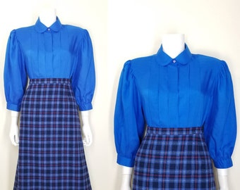 Vintage Pleated Blouse, Medium Large / Puffy Sleeve Dress Blouse / Semi Sheer Button Blouse / 80s Blue Cocktail Blouse with Blouson Sleeves