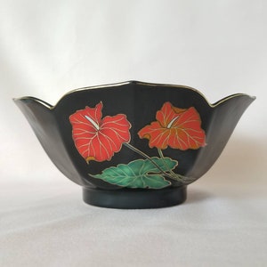 Vintage Decorative Bowl / Black Floral Bowl / Red Anthurium Console Bowl / Ceramic Bowl / Catch All Dish Jewelry Dish / Retro 80s Home Decor image 2