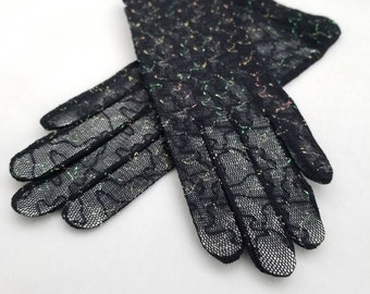 Vintage Black Mesh Gloves / Sheer Black Gloves / Short See Through Gloves / Stretchy Sparkle Gloves / Deadstock Retro Fashion Party Gloves