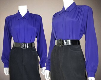 Vintage Cocktail Blouse, Large / Silky Royal Purple Button Blouse / Wide Sleeve Collared Office Shirt / Womens Long Sleeve Dressy Top