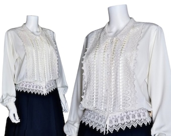 Vintage Embroidered Button Blouse, Medium / Ivory White Renaissance Style Poet Blouse / Pointy Collar Blouson Dress Shirt