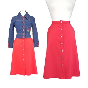 Vintage Red Button Skirt, Medium / 1980s Mod A Line Skirt with Pockets / Casual Knee Length Twill Midi Skirt image 1