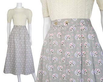 Vintage All Cotton Skirt, Large / Pleated Skirt with Pockets / 1940s Print Floral Skirt / Pale Gray Cottagecore Skirt / Cotton Market Skirt