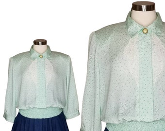 Vintage Silky Blouson Blouse, Extra Large / Green Satin Button Blouse / Wide Sleeve Collared Dress Blouse / Retro 80s St Patricks Day Shirt