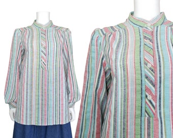 Blusa de maternidad vintage / Blusa túnica a rayas / Camisa de manga larga de los años 80 de la década de 1970 / Camisa de mezcla de algodón a rayas / Top boho a rayas multicolor