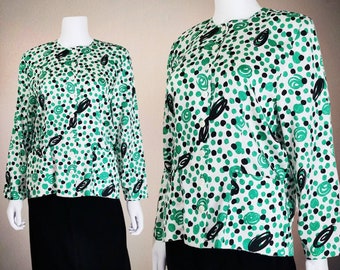 Vintage Green Silk Blouse, Small Medium / Abstract Op Art Print Blouse / Mod Style Button Blouse / Long Sleeve Mid Century Cocktail Blouse