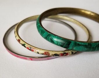Vintage Bracelet Set of Three / Matching Bangle Set / Green Malachite, Floral Cloisonne, Pink Mother of Pearl / Boho Hippie Gift for Her