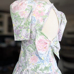Vintage Pastel Floral Dress, 1980s Puffy Sleeve Cotton Gown, Drop Waist Party Dress image 10
