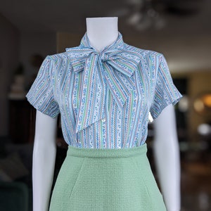 Vintage Bow Blouse, Small Medium, Blue Striped Pussy Bow Top, 1970s Short Sleeve Tie Collared Blouse image 3