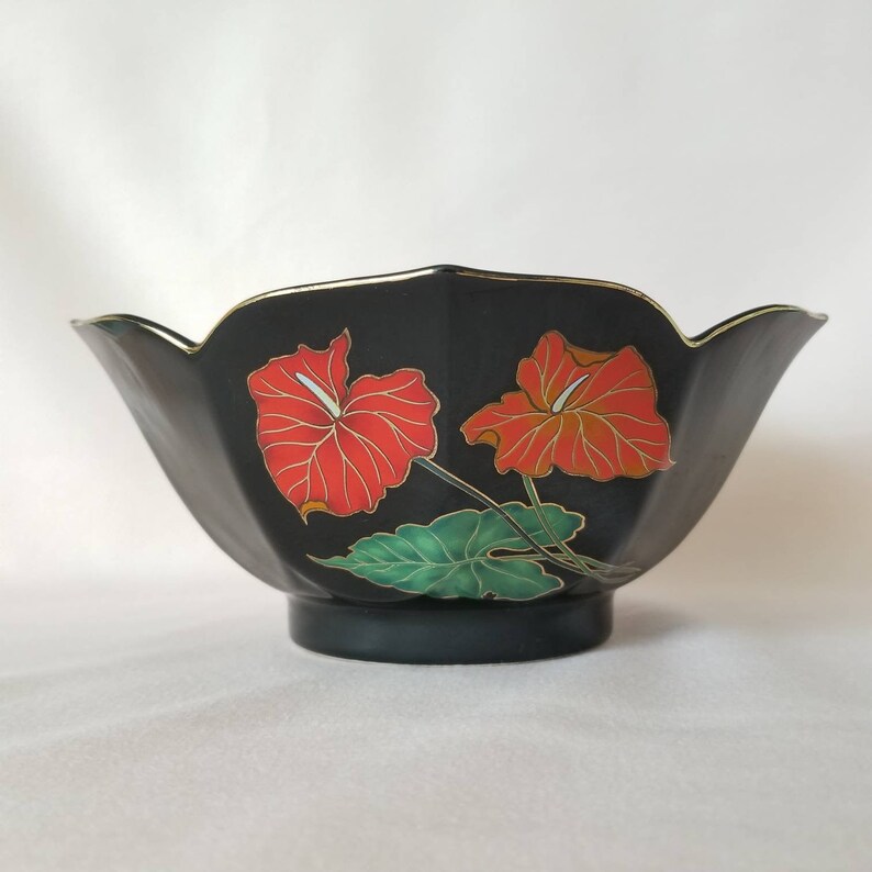 Vintage Decorative Bowl / Black Floral Bowl / Red Anthurium Console Bowl / Ceramic Bowl / Catch All Dish Jewelry Dish / Retro 80s Home Decor image 2