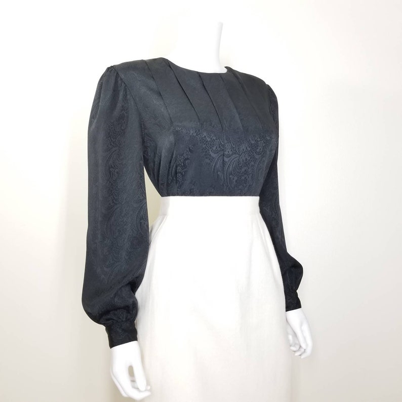 Vintage Pleated Black Blouse, Medium / 1940s Style Back Button Blouse / Silky Floral Jacquard Cocktail Blouse image 5
