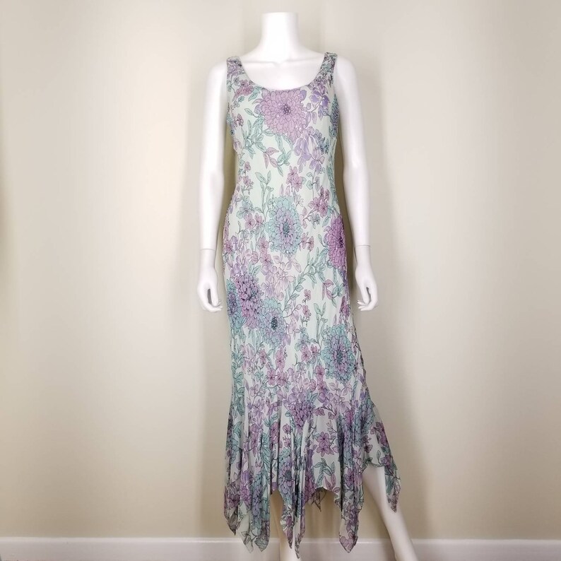 1990s Beaded Floral Sheath Dress Medium Art Nouveau Lavender Mint Slip Dress Long Flowered Mermaid Dress Summer Maxi Cocktail Dress