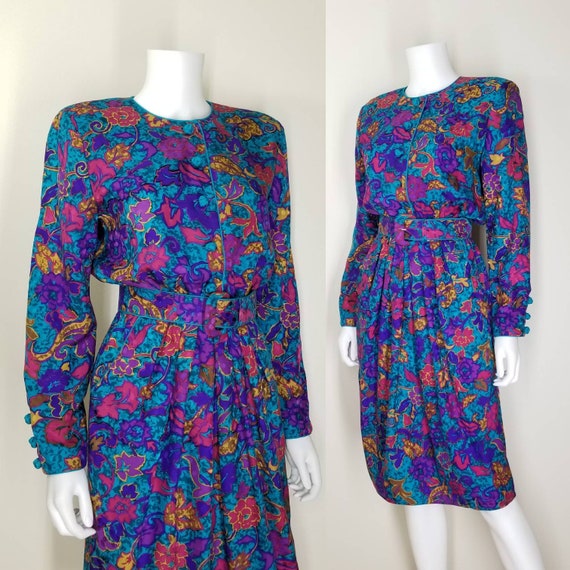 Vintage Floral Silk Cocktail Dress, Small / 1980s… - image 5