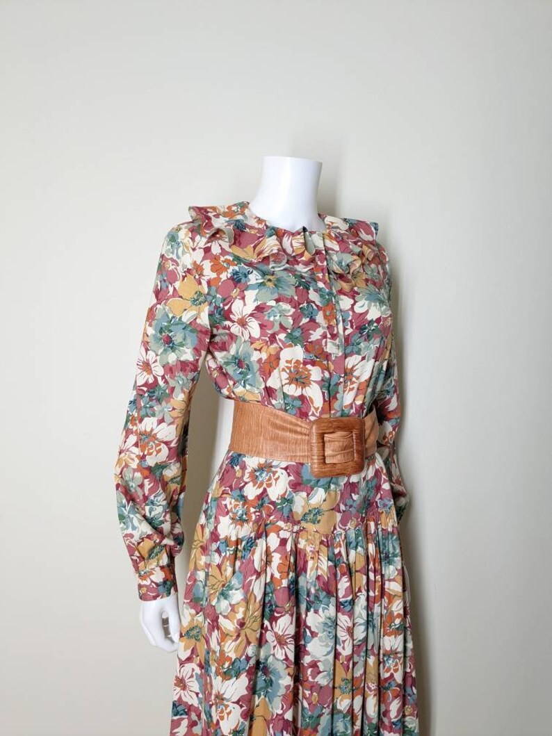 Vintage Floral Dress Set, Medium / Autumnal Floral Blouse and Skirt Set / Ruffle Collar Long Sleeve Blouse & Matching Drop Waist Midi Skirt image 5