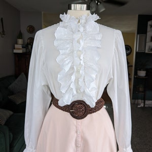 Vintage Ruffled Poet Blouse, Medium Large, White Cotton Button Blouse with Eyelet Ruffle Collar and Cuffs image 2