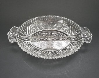 Vintage Pressed Glass Dish / Clear Glass Divided Tidbit Tray / Crystal Clear Glass Serving Dish / Grandmillennial Style Handled Candy Dish