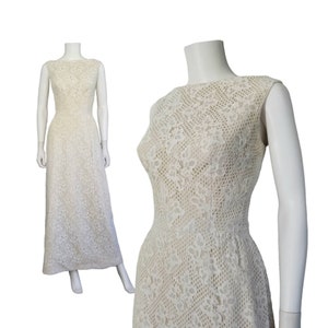 Vintage Lace Maxi Dress, Medium Large / 1960s Sleeveless Dress / Fitted Bust Ankle Length Sheath Dress / Late 60s Long Bridesmaid Dress image 1