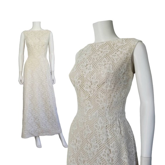 Vintage Lace Maxi Dress, Medium Large / 1960s Sle… - image 1