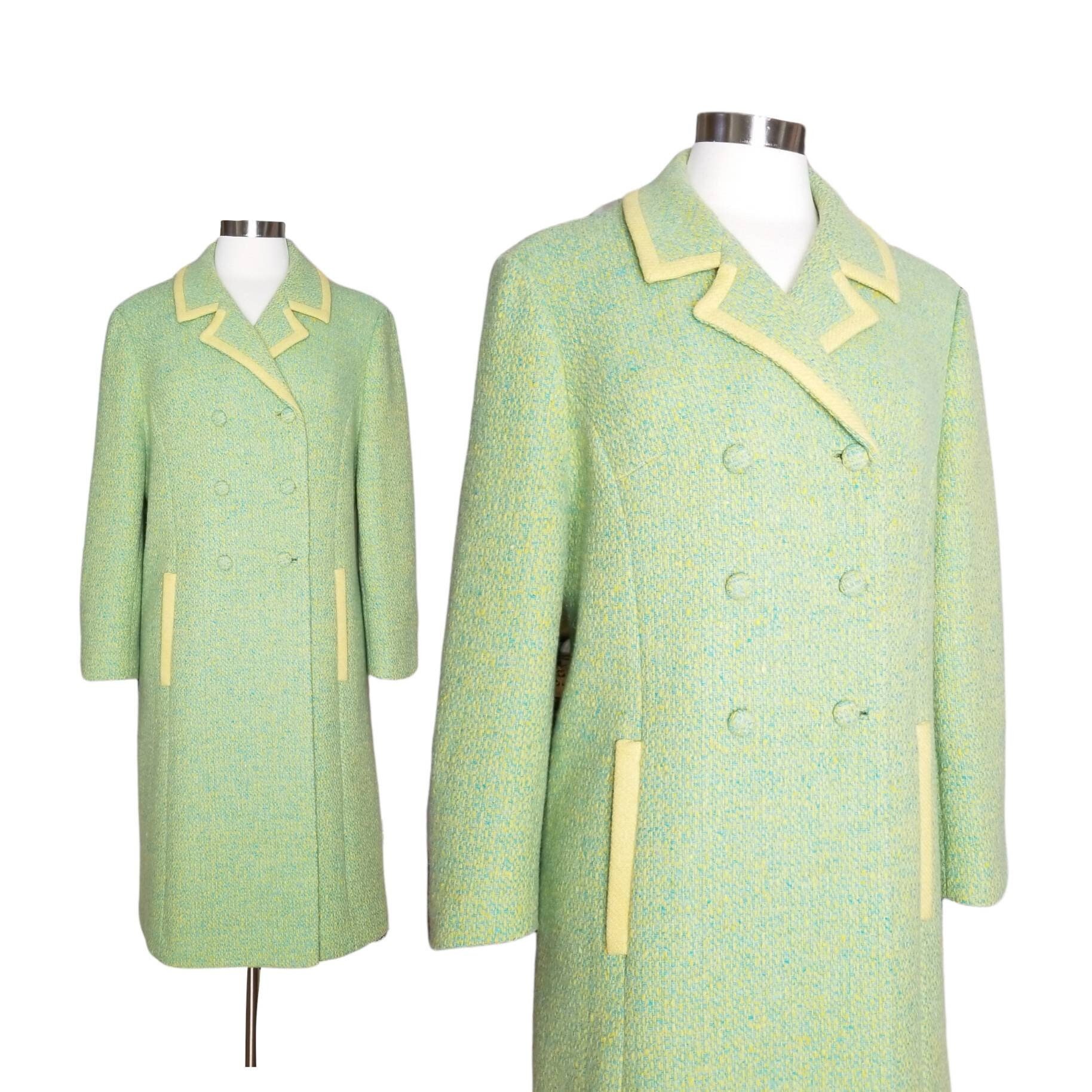 Vintage Tweed Coat Medium / Green and Yellow Wool Coat / 