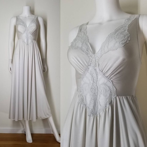 Vintage 80s Silver White Olga Nightgown Lingerie ~