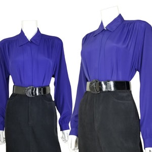 Vintage Cocktail Blouse, Large / Royal Purple Button Blouse with Pleated Shoulders / 1980s Long Sleeve Jewel Tone Dress Top image 1