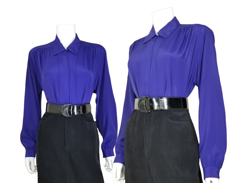 Vintage Cocktail Blouse, Large / Royal Purple Button Blouse with Pleated Shoulders / 1980s Long Sleeve Jewel Tone Dress Top image 1