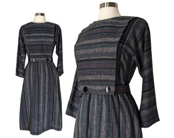Vintage Striped Apron Dress, Medium / Belted Gray Apron Front Prairie Dress / 1940s Style Slubbed Linen Look Midi Farmhouse Dress