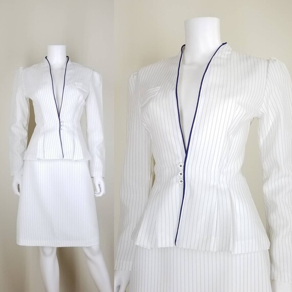 Vintage 80s White Skirt Suit, Medium / Blue Pinstr