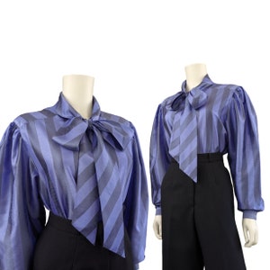 Vintage Tie Collar Cocktail Blouse, Large / Silky Purple Wide Sleeve Button Blouse / 1980s Striped Pussy Bow Dress Shirt image 1