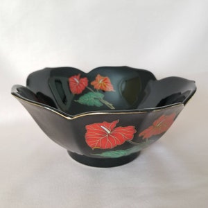 Vintage Decorative Bowl / Black Floral Bowl / Red Anthurium Console Bowl / Ceramic Bowl / Catch All Dish Jewelry Dish / Retro 80s Home Decor image 10