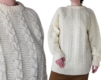 Vintage Fisherman's Sweater, Extra Large / Chunky Cable Knit Pullover / Oversized Ivory Irish Sweater