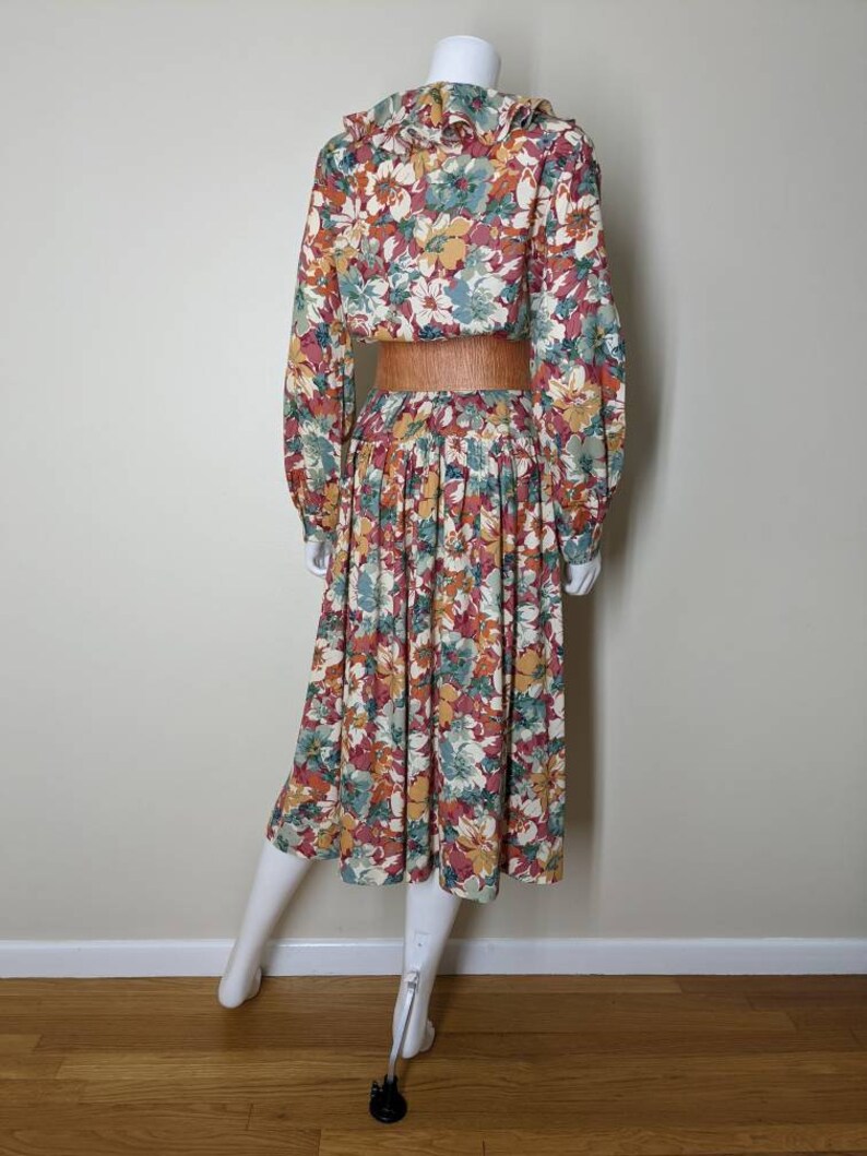 Vintage Floral Dress Set, Medium / Autumnal Floral Blouse and Skirt Set / Ruffle Collar Long Sleeve Blouse & Matching Drop Waist Midi Skirt image 6