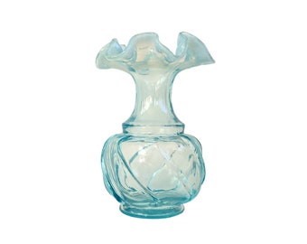 Vintage Fenton Blue Glass Vase, Small 1940s Opalescent Ruffled Rim Flower Vase