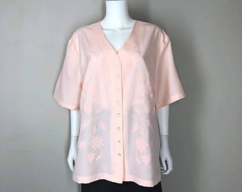 Vintage Pink Blouse, Extra Large / Short Sleeve Flocked Blouse / Peachy Retro Summer Button Blouse / Volup Vintage Floral Pinup Blouse