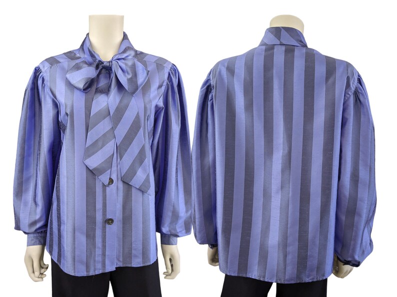Vintage Tie Collar Cocktail Blouse, Large / Silky Purple Wide Sleeve Button Blouse / 1980s Striped Pussy Bow Dress Shirt image 4