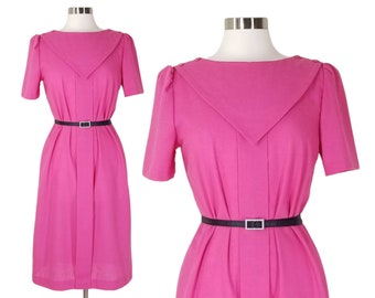 Vintage Mod Pink Dress, Medium / 70s Sheath Dress / Linen Look Midi Dress / Pink Short Sleeve Day Dress / Spring Cocktail Party Dress