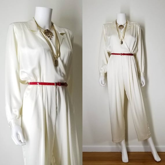 1990s Vintage Ivory Cocktail Jumpsuit Pantsuit ~ M