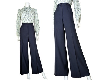 Vintage High Waist Slacks, Small / Navy Blue Wide Leg Creased Dress Pants / Women's 1970s Polyester Knit Flat Front Trousers