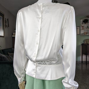 Vintage Fortuny Pleated Blouse, Large / White Satin Back Button Cocktail Blouse / Silky Peplum Blouse with Beads and Sequins image 4