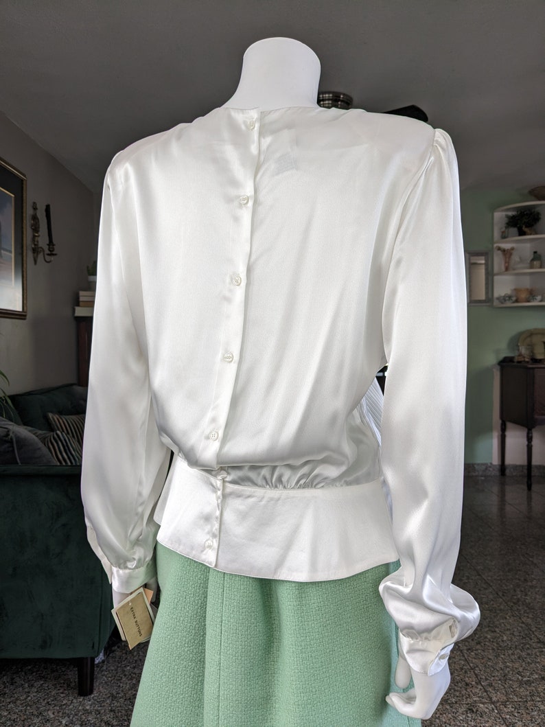 Vintage Fortuny Pleated Blouse, Large / White Satin Back Button Cocktail Blouse / Silky Peplum Blouse with Beads and Sequins image 4