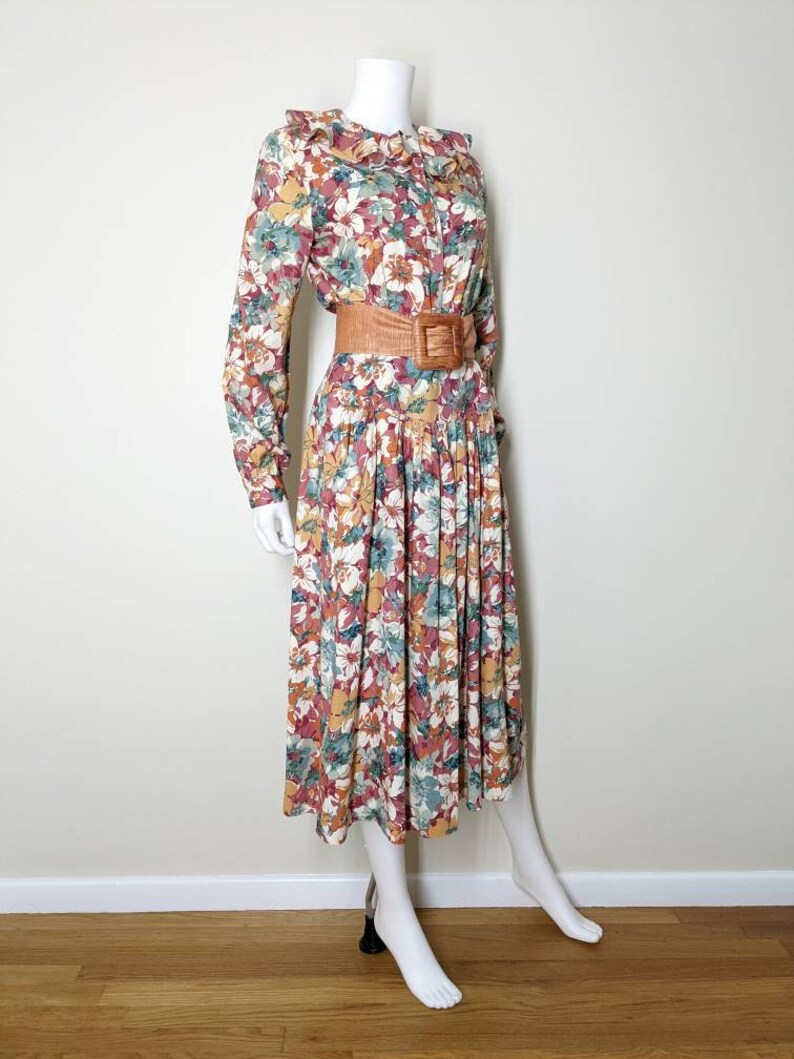 Vintage Floral Dress Set, Medium / Autumnal Floral Blouse and Skirt Set / Ruffle Collar Long Sleeve Blouse & Matching Drop Waist Midi Skirt image 8