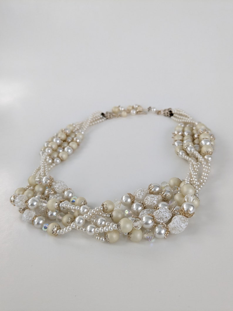 Vintage White Beaded Necklace, 1950s Multi Strand Faux Pearl Necklace image 9