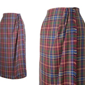 Vintage Plaid Skirt, Medium / Long Fringed Tartan Skirt / Faux Wrap Winter Skirt / Plaid Pinup Skirt / 1990s Straight Pencil Skirt image 1