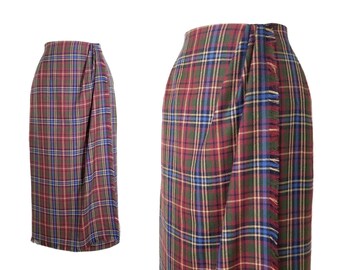 Vintage Plaid Skirt, Medium / Long Fringed Tartan Skirt / Faux Wrap Winter Skirt / Plaid Pinup Skirt / 1990s Straight Pencil Skirt