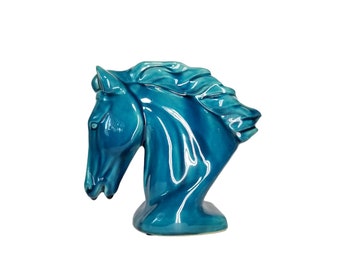 Vintage Horse Head Figurine / Large Blue Ceramic Horse Bust / Glazed Wild Stallion Statuette / 1970s Boho Coastal Home Decor