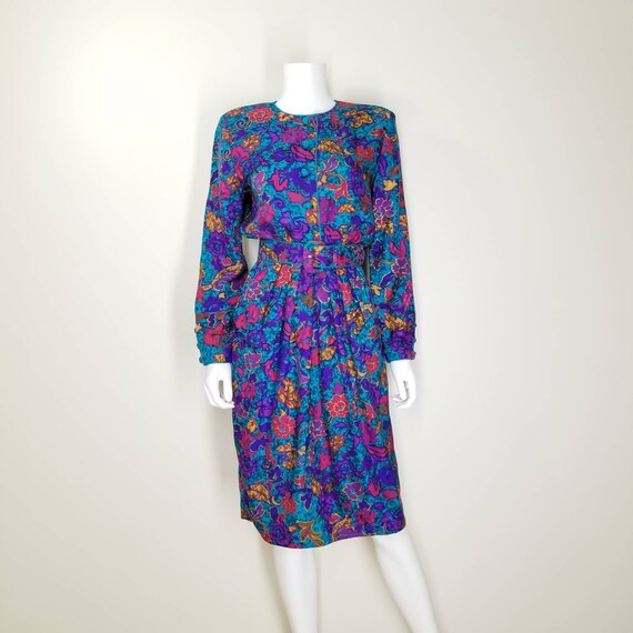 Vintage Floral Silk Cocktail Dress, Small / 1980s… - image 9