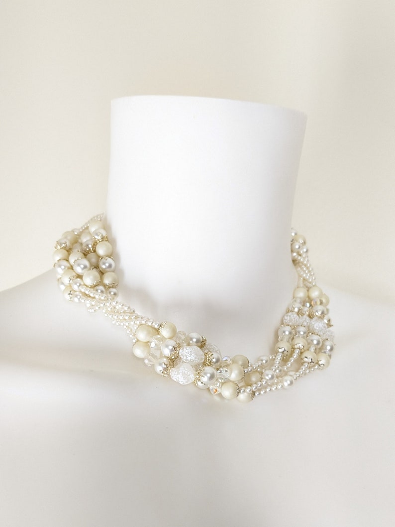 Vintage White Beaded Necklace, 1950s Multi Strand Faux Pearl Necklace image 10