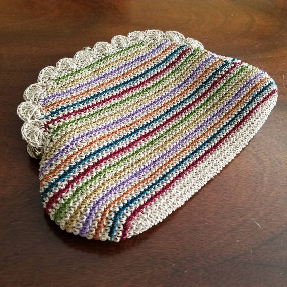 Vintage Crochet Handbag / Rainbow Straw Clutch / … - image 3